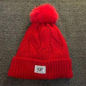 UGG Vibrant Red Knit Beanie with Pom